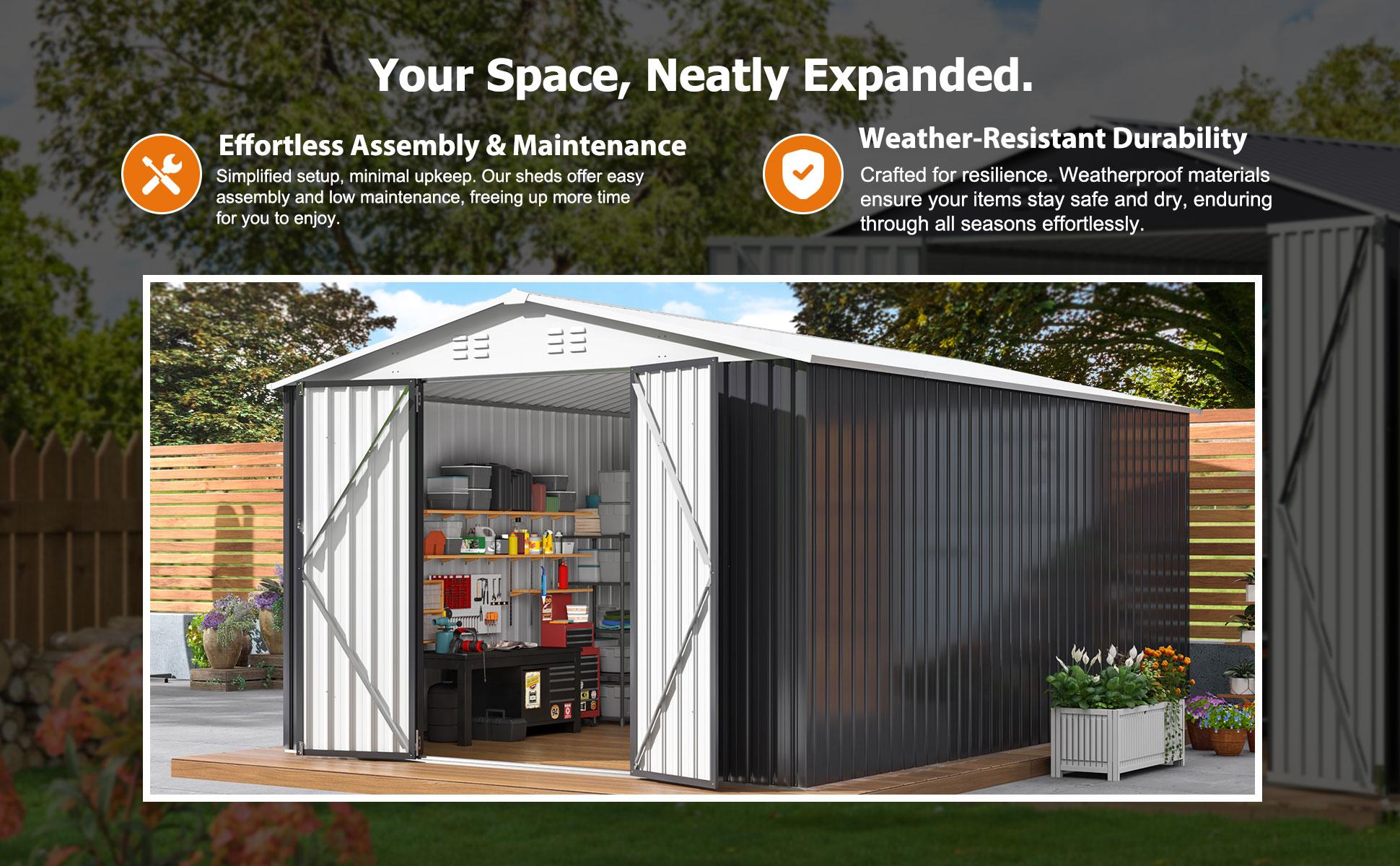 10x14 Outdoor Storage Shed, Garden Shed with Updated Frame Structure and Lockable Doors, Metal Tool Sheds for Backyard Garden Patio Lawn, White 10x14 Outdoor Storage Shed, Garden Shed with Updated Frame Structure and Lockable Doors, Metal Tool Sheds for Backyard Garden Patio Lawn, White
