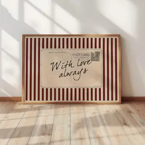 [UNFRAMED POSTER] With Love Always Vintage Postcard Print – Retro Striped Wall Art, Red Burgundy Old Money Decor, Sentimental Romantic Decor