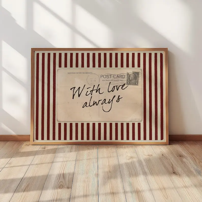 [UNFRAMED POSTER] With Love Always Vintage Postcard Print – Retro Striped Wall Art, Red Burgundy Old Money Decor, Sentimental Romantic Decor