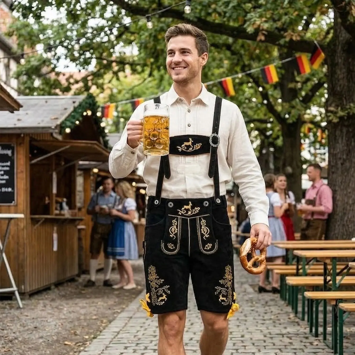 Black & Yellow Traditional Bavarian Cowhide Suede Lederhosen Shorts for Oktoberfest, Christmas & Carnivals