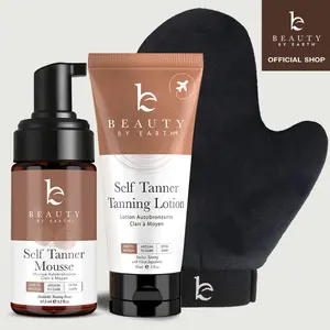 [BEAUTY BY EARTH] Ultimate Self Tanner Mousse & Lotion Discovery Kit - Sunless Tanning with Applicator Mitt for First-Timers, Sensitive Skin Streak-Free Bronze Moisturizing Tan with Aloe Vera