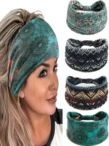 4 Piece Vintage Ethnic Style Soft Headband Set with Floral Prints, Non-Slip Sweat-Resistant for Yoga and Daily Wear, Versatile Fashion Accessory