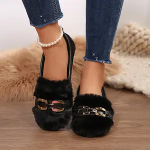 Women's Slip-On Loafers Metal Accent Warm Fleece Lined Flats, Trendy Casual Indoor Outdoor Shoes for Cold Days