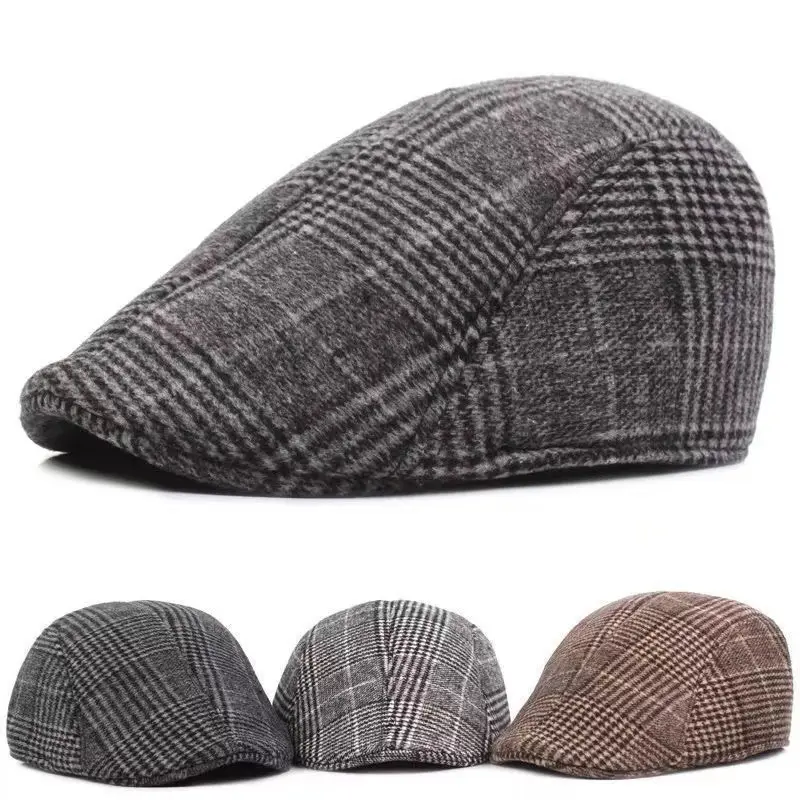 Newsboy Cap for Men Classic Herringbone Newsboy Hats Vintage Plaid Flat Cap British Style Duckbill Hats for Men