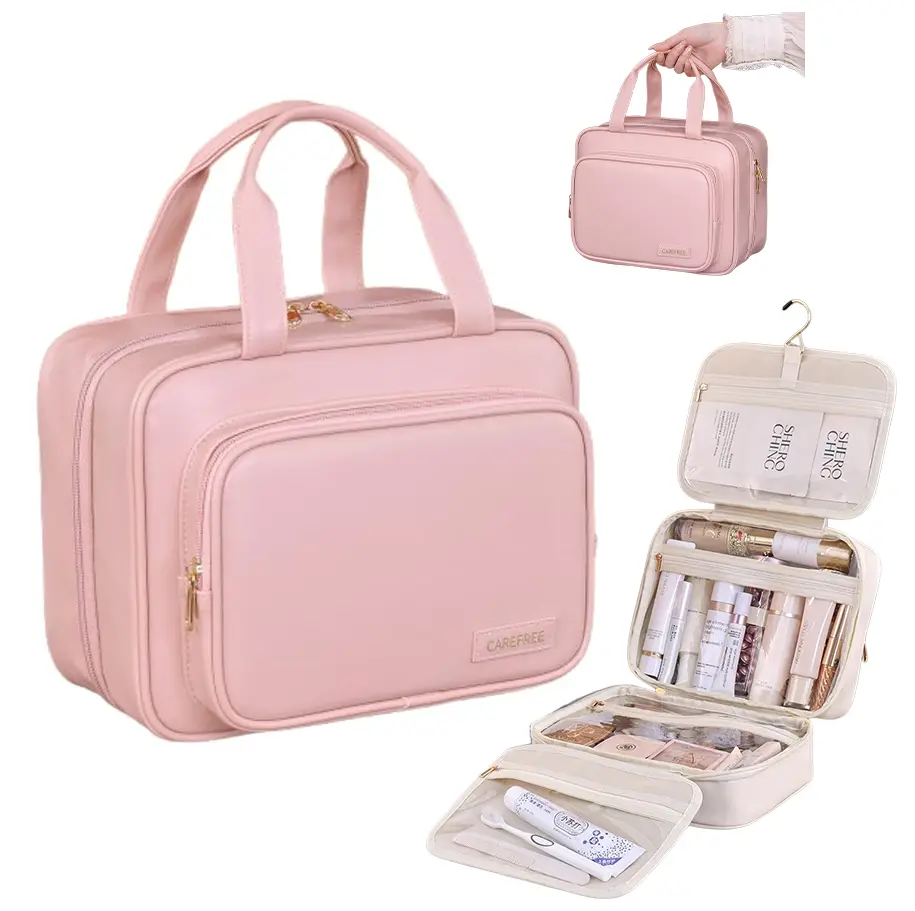 Ultimate Waterproof Makeup Bag with Hanging Hook – Large Capacity, Transparent Compartments for Travel & Organization storage organization organizer storage Leather