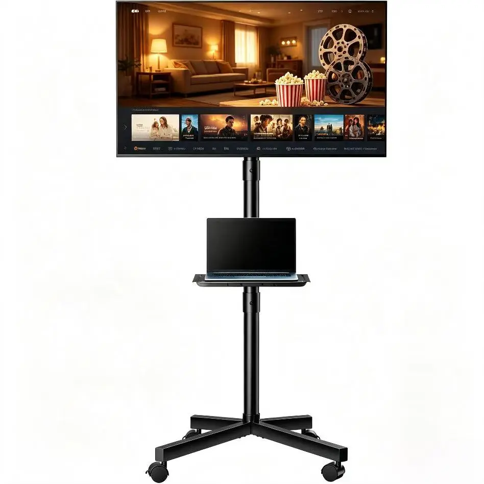 Rolling TV Stand with Wheels, Height Adjustable Mobile TV Cart with Laptop Shelf, Portable Floor Stand for Home, Office, Gaming & Presentations