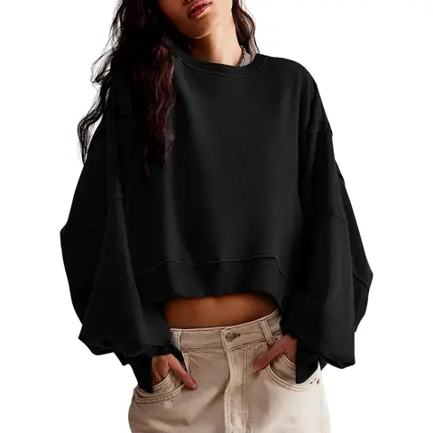 Yousify Women's Casual Long-Sleeve Crewneck Loose-Fit Crop Pullover Sweatshirt with Side Slit Hem, 2025 Fall Trending Everyday Top, Back to School Outfit, Longsleeves, Tops for Women