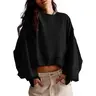 Yousify Women's Casual Long-Sleeve Crewneck Loose-Fit Crop Pullover Sweatshirt with Side Slit Hem, 2025 Fall Trending Everyday Top, Back to School Outfit, Longsleeves, Tops for Women