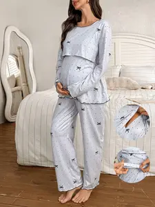 SlaySleep x Moonlight&Mama 2pcs Polka Dot Bow Print Nursing Friendly Crew Neck Long Sleeve Top And Pants Maternity Pajama Set, Fall & Winter
