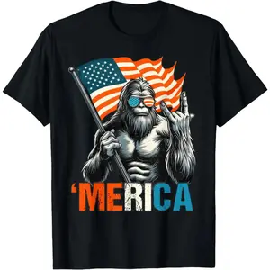 Bigfoot Merica Rock American Flag Patriotic 4th Of July T-Shirt Graphic Tees