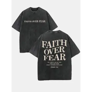 Retro Washed T-Shirt Double Sided Printed 230 Pure Cotton 'FAITH OVER FEAR' Letter Print Mens Casual Comfortable Fashionable Street Style Cotton Menswear Top Short Sleeve Crewneck Festive Tropical