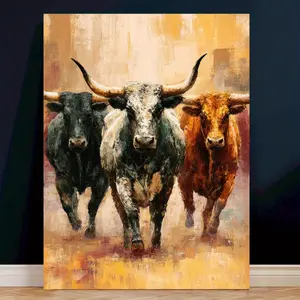 One Piece Ford Worth Texas Longhorn Running Art Print - (30x 40cm ) Modern Abstract Canvas Wall Decoration, Vivid Bull Running Design, Wooden Frame Western Home Art, Suitable for Living Room, Office or Farmhouse, Perfect Room Decoration