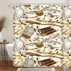 Magic Elements Shower Curtain, Wizarding World Owl Broom Print Extra Large Waterproof Thickened Mildew-Proof Bathroom Partition Curtain, Durable Polyester Fabric Included & 12 Hooks for Easy Hanging, Bathroom Decoration Home Decor, Ideal Gift