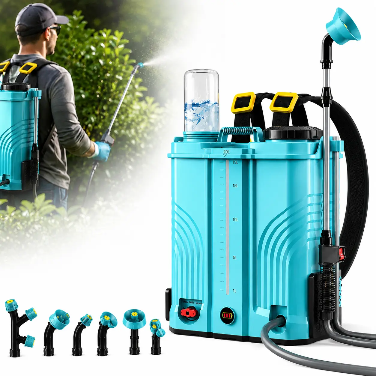 5-Gallon Electric Backpack Garden Sprayer, 100 PSI Battery-Powered Tool with 4.0Ah Battery, 6 Nozzles, Adjustable Pressure & Versatile Mixing Function