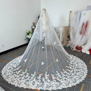 Intricately embroidered white butterfly veil,heavy embroidered white veil with butterfly and flower motif,romantic lace-edged wedding veil