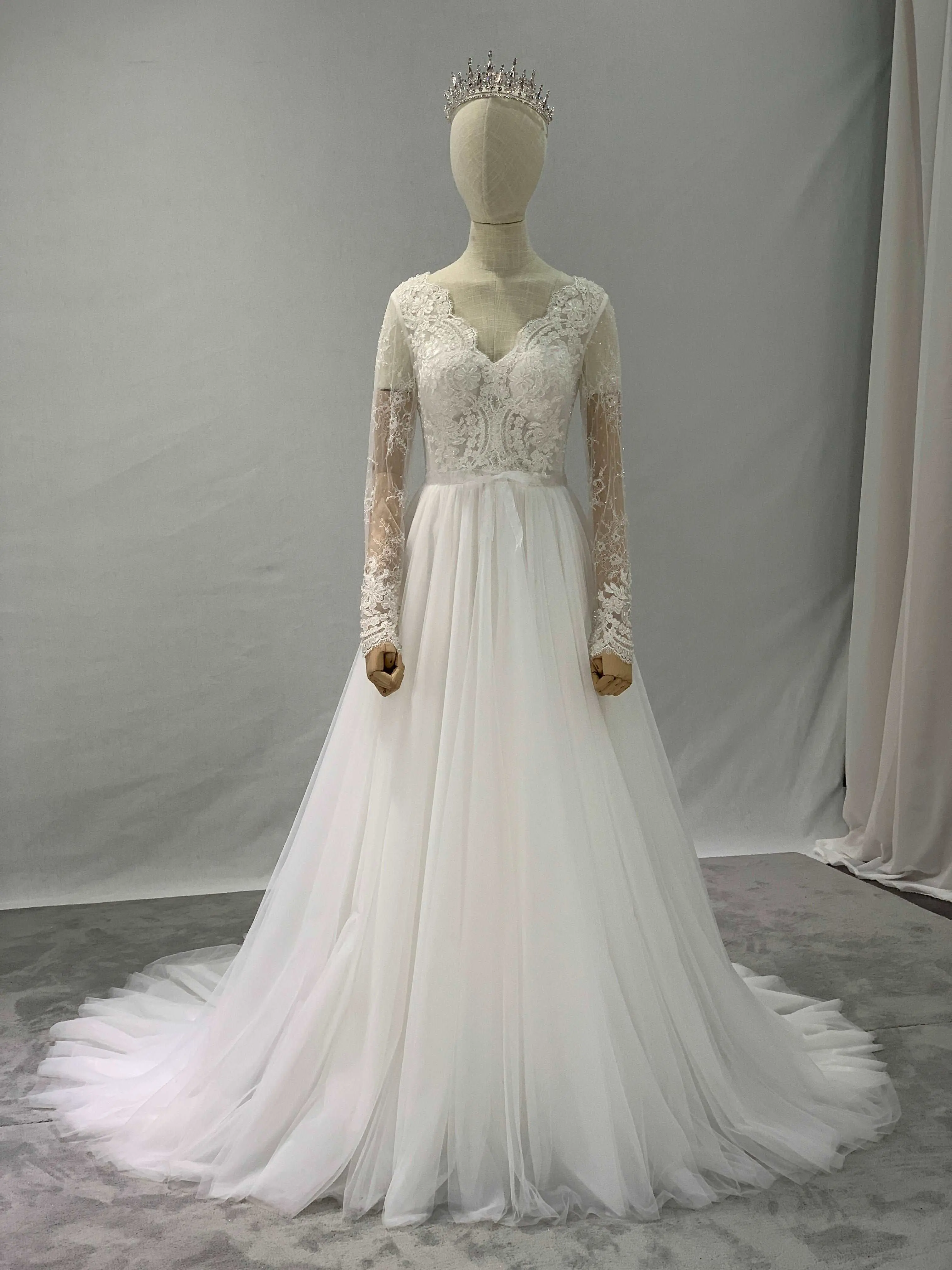 Kristine A-Line Wedding Dress with Long Sleeves and Sheer Bodice, Beaded Tulle and Chantilly Lace with a Chapel Train, Modifiable Design, Can Be Modified, Longsleeves