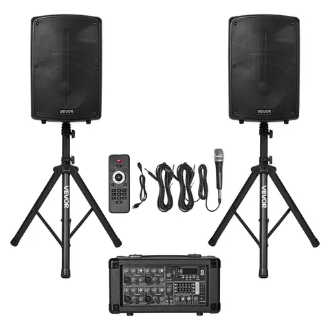 VEVOR 800W Powered Audio PA System Set, Adjustable Compact Stands, 6-Channel Mixer, Dual Speakers, Wireless Bluetooth Microphone, Versatile Connectivity, Powerful Sound, Wireless Audio Excellence, USB/SD/XLR Inputs, Remote Control, for DJs, Events