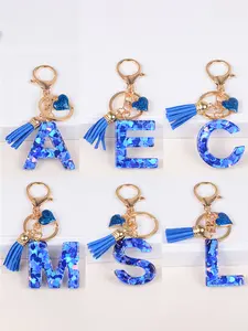 New Fashion Women's Blue Handmade Resin Heart Letter Keychain for Bags, Butterfly Tassel Keyring, Wallet Bag Backpack Car Key Charm Gift