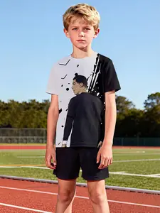 Durable Pikachu Sports Set, Kids Two-Piece Short Sleeve Shorts, 100% Polyester Casual Loose Fit, Summer Fun Print, Outdoor Sport Tee Set