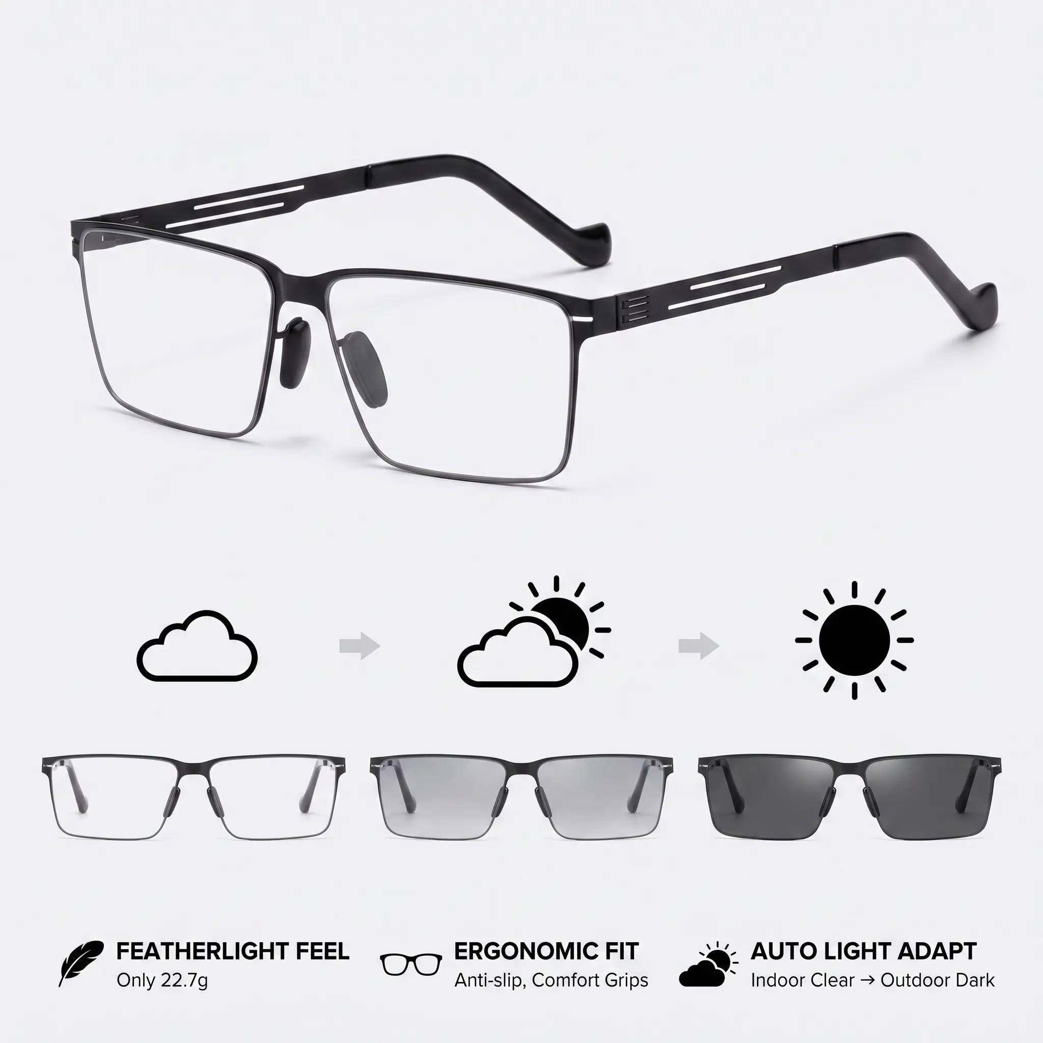 Photochromic Sunglasses for Men Women, UV400 Protection, Ultralight Eyewear with Light-Adaptive Lenses for Driving, Fishing, Golf & Outdoor Activities