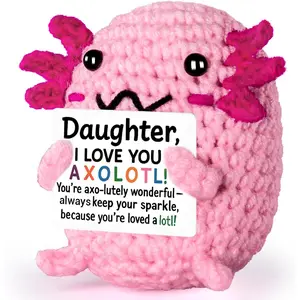 Handmade Mini Crochet Axolotl Emotional Support Plushie - Home Decor Statue for Bookshelf, Desk - Heartwarming Gift with Message Card for Daughters, Birthdays, Graduation