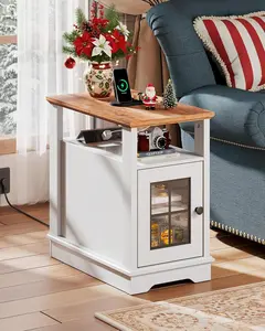 WLIVE Farmhouse End Table with Charging Station, Small Nightstand with USB Ports and Outlets, Narrow Side Table with Storage, Bedside Cabine for Bedroom, Living Room