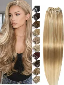 50 Bundles Salon-Quality Human Hair Extensions, No Glue, Clip-On Micro Ring, 12-20 Inches, Gold, Ideal for Braids and Ponytails