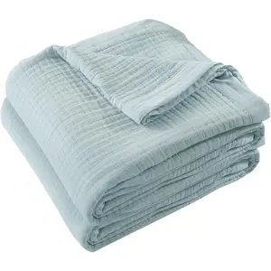 Muslin Throw Blanket for Summer Spring, Breathable and Lightweight Jacquard Muslin Blanket for  Season, Soft Gauze Blankets for Couch Bed Sofa, Blue, 50x60 Inches
