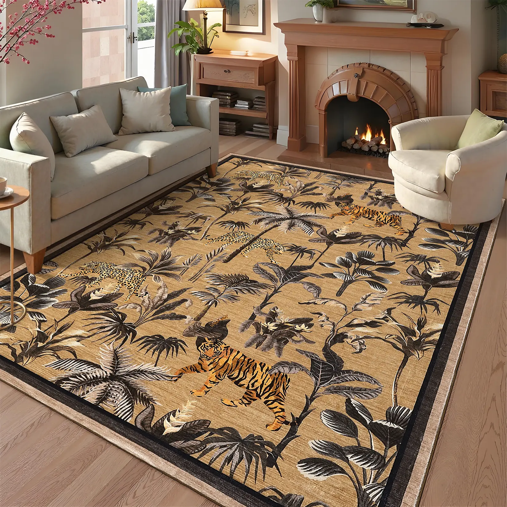 Tropical Jungle Botanical Rug Tiger Printed Rug Soft Non-Linting Rug with Non-Slip Backing for Living Room and Bedroom