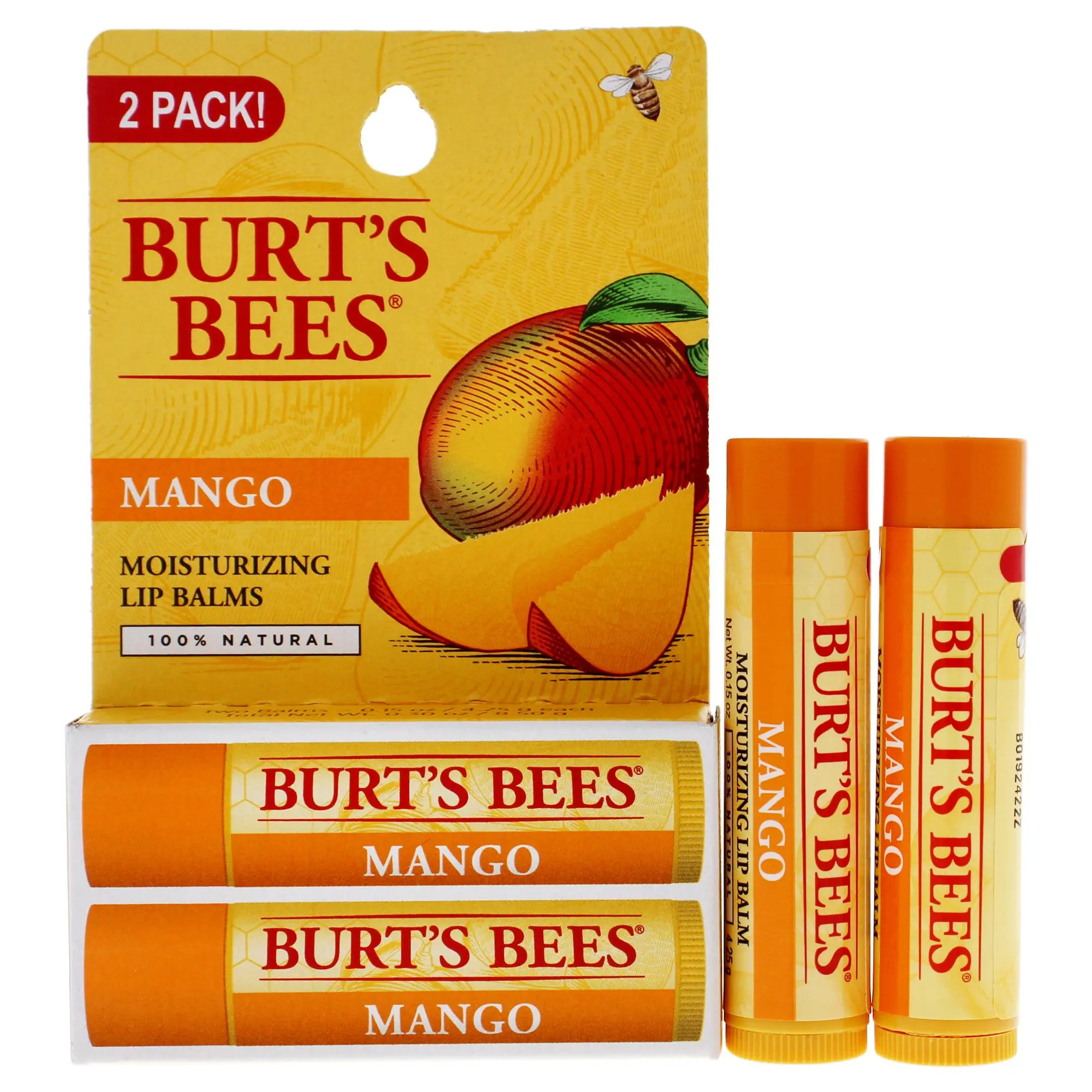 Burt's Bees Natural Mango Moisturizing Lip Balm Twin Pack - Unisex Use, Hydrates Lips, Easy to Use, 2 x 0.15oz