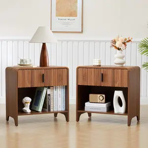 Giratree Modern Wood Nightstand Set of 2 with Curved Design, Bedside Tables with Drawer & Open Shelf, Stylish Side Tables with Storage for Bedroom & Living Room Decor