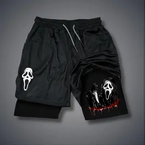 Men’s Halloween "Scream" Ghost Face Graphic Double-Layer Jorts, Breathable Sports Shorts, Fitness Training Gym Athletic Shorts, Comfortable Above-the-Knee Bottoms for Summer Workouts