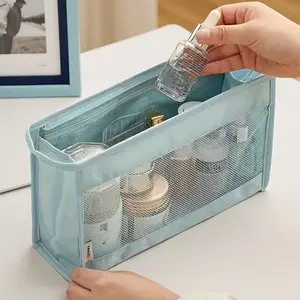 Women's Travel Makeup Bag, Simple Design, Large Capacity, Contains Cosmetics, Toiletries and Stationery, Twill Mesh Bag, Can Be Hung for Portability.