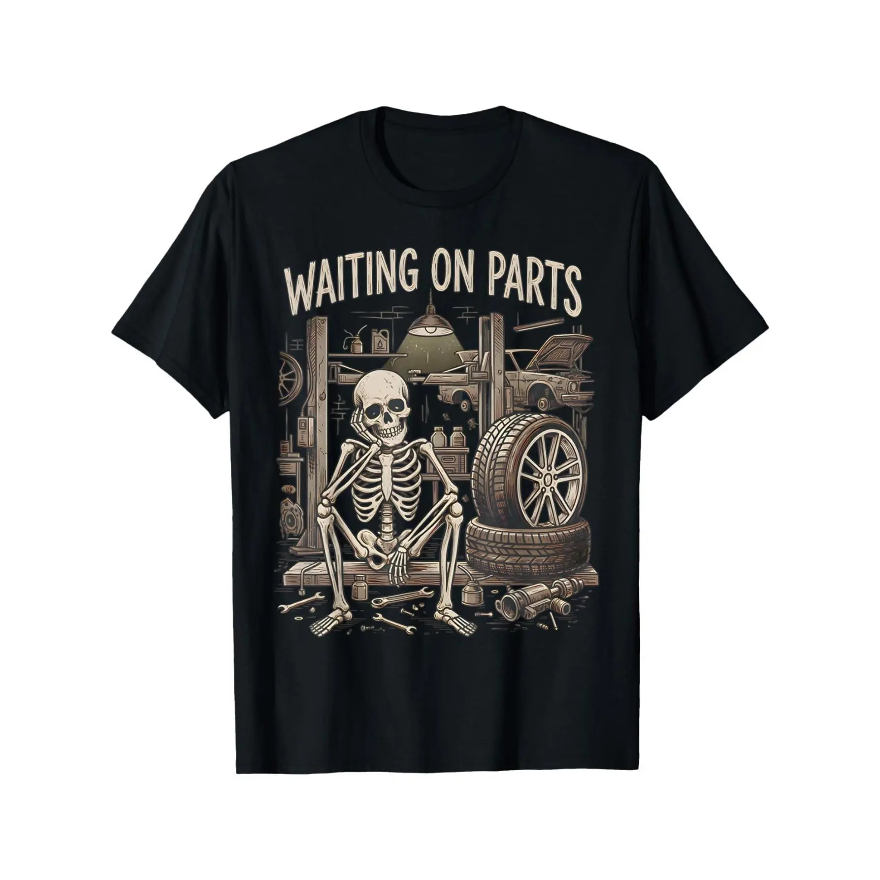 Men's Shortsleeve T-Shirt, Funny Skeleton Mechanic Graphic, Smooth Breathable Cotton Blend, Vintage Menswear Streetwear, Fabric, Round Neck, Soft, Top