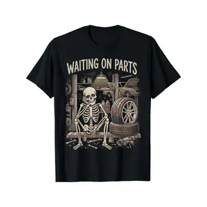 Mens Graphic T Shirt Funny Mechanic Garage Skeleton Waiting on Parts Car Repair Shop Vintage Streetwear Short Sleeve Crewneck Tee