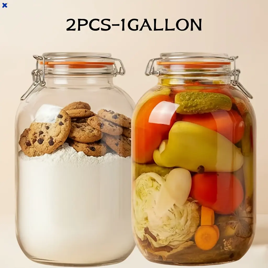 2-Pack 1 Gal Wide Mouth Glass Storage Jars with Hinged Sealing Lids, Kitchen Glass Canisters for Fermentation & Food Organization