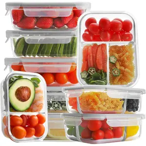 9 Pack Glass Meal Prep Containers - 3, 2 & 1 Compartment Glass  Storage Containers with , Airtight & Leak Proof  Lunch Bento Boxes - Grey