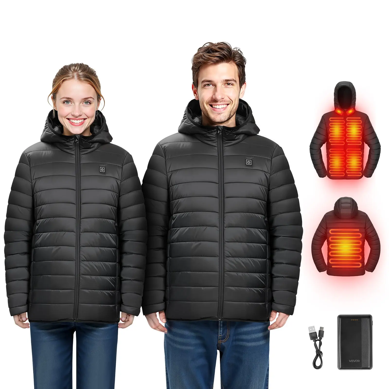 VEVOR Heated Jacket for Women with 7.4V Battery, Soft Shell Electric Heating Coat, Windproof Lightweight Outerwear with 4 Heating Zones 3 Heat Settings, for Hiking, Outdoor Work, Black, L Size