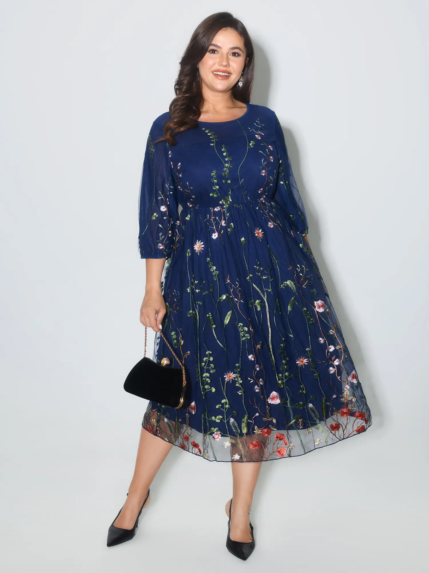 BLOOMCHIC Women's Lightweight Spandex Garment Midi Dress - Round Neck, Casual Wear, Boho Style, Ruffled, Fashion-Fit, Versatile Curvy Mom, Floral Summer Style, Lantern Sleeves, Cocktail Dress, Affordable Fashion, Elbow Sleeves, Elastane, Poly-Spandex Shel