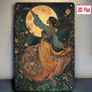 1pc, Vintage Art Nouveau Dancer under Moonlight Metal Tin Sign, 8x12 inches, Reusable Wall Decor for Home, Garage, Club, Restaurant, Outdoor Plaque with Pre-Drilled Holes, Festive Decoration
