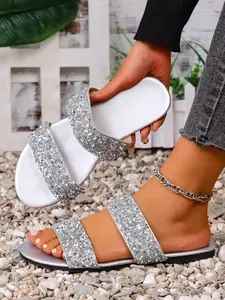 Summer New Double Strap Full Rhinestone Sandals, Open Toe Flat Glitter Slippers for Women, Outdoor Wear Shoes, Trendy Footwear