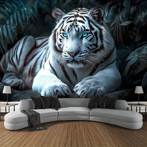 1pc White Tiger Print Wall Tapestry - Majestic Jungle Scene with Glowing Eyes, 85gsm Polyester Fabric, Perfect for Living Room & Bedroom Decor, Indoor Wall Hanging Art