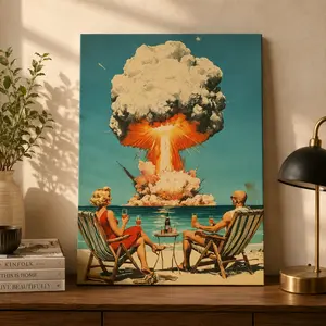 Vintage Atomic Bomb Mushroom Cloud Poster – Mid-Century Modern Ocean Wall Art, Retro Beach Scene, Bold Statement Decor