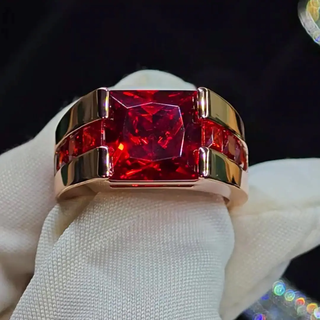 Jzora Men's Rose Gold Tone Orange Red Square Gemstone Ring Wide Band Bold Classic Style