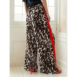 2025 New Women's Loose Wide Leg Straight Leg Pants - Color Blocked Leopard Print & Red Side Stripes, Drawstring Waist, Machine Washable, All-Season Casual Travel Outfits, Relaxed Outfit, Side Stripe Accent, Comfortable Fashion