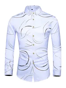 Men's All Seasons Slim Abstract Graphic Print Button Front Shirt, Fashion Casual Long Sleeve Woven Top For Men, Men's Clothing For Fall Wear, Casual Fitted Shirt, Collared