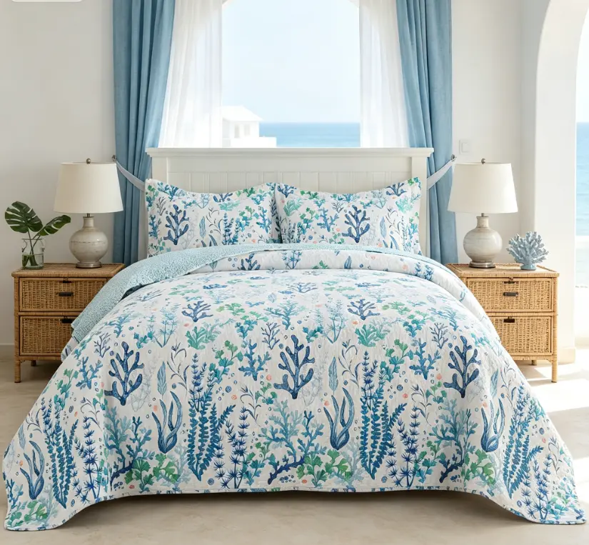 3-Piece Coastal Quilt Set – Ocean Coral & Seaweed Print Lightweight Reversible Bedspread with Pillow Shams, Soft Microfiber All Season Bedding, Queen & King Size