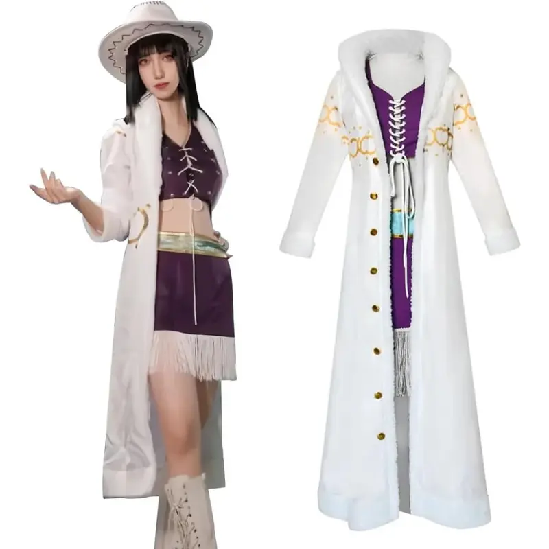 Women Nicos Robin Cosplay Costume, Anime Purple Dress Uniform White Cloak Punk Outfit Halloween for Adult, Novelty Use Costumes