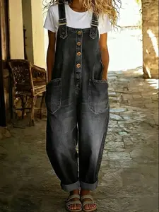 European American Vintage Washed Black Denim Overalls for Women Loose Plus size Harem Wide leg Workwear Jumpsuit Youthful Casual Style Single breasted Buttons Pockets Versatile for Campus Casual Outdoor Camping
