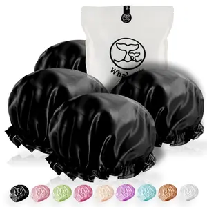 Shower Cap for Men, Women (Black 4 Pack ) Satin Double Layer EVA  Long Hair Cap